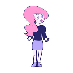 cartoon woman shrugging shoulders in bright neon color