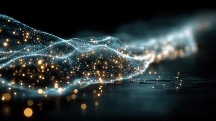 Abstract digital rendering with flowing, illuminated particle stream against a dark backdrop with textured surface.