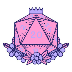 Retro Tattoo Style natural 20 D20 dice roll with floral elements in bright neon color