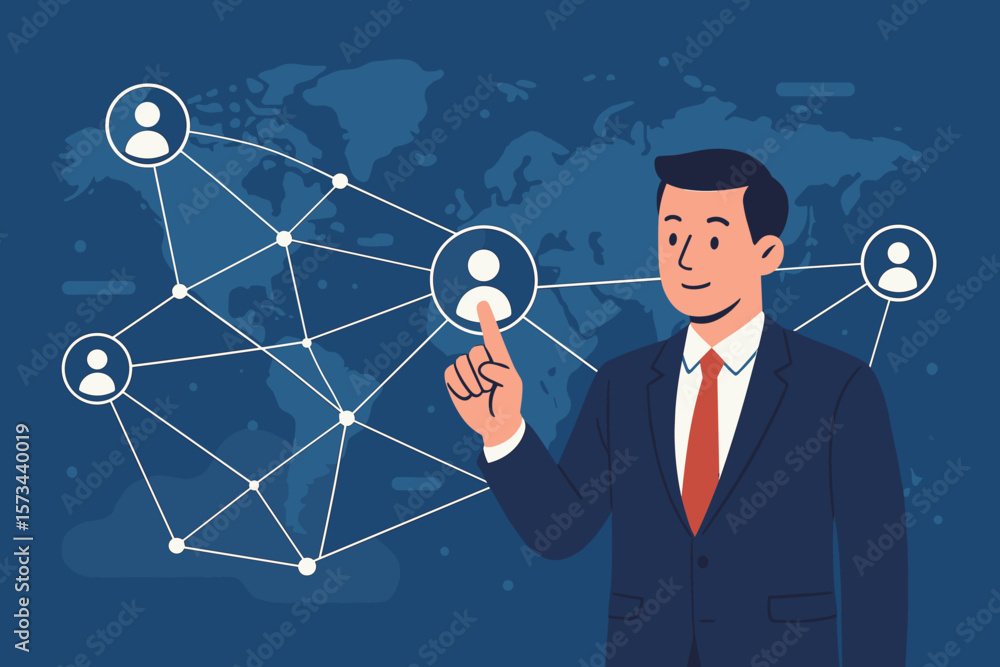Poster businessman touching screen with a global network structure. concept of worldwide data exchange, cus