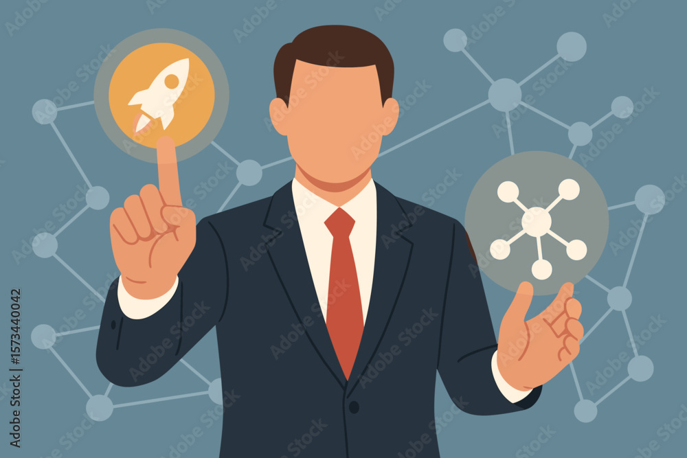 Poster businessman launching a new startup project. entrepreneur touching a virtual interface. rocket icon 