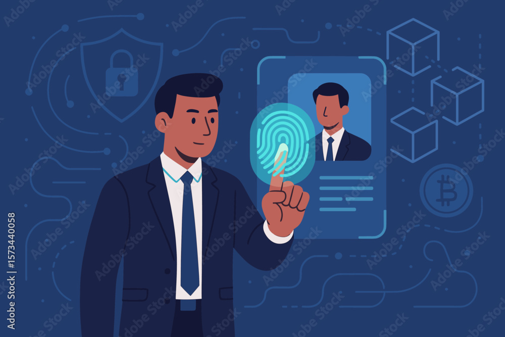 Aufkleber e-kyc, electronic know your customer concept. businessman using fingerprint identification. biometri
