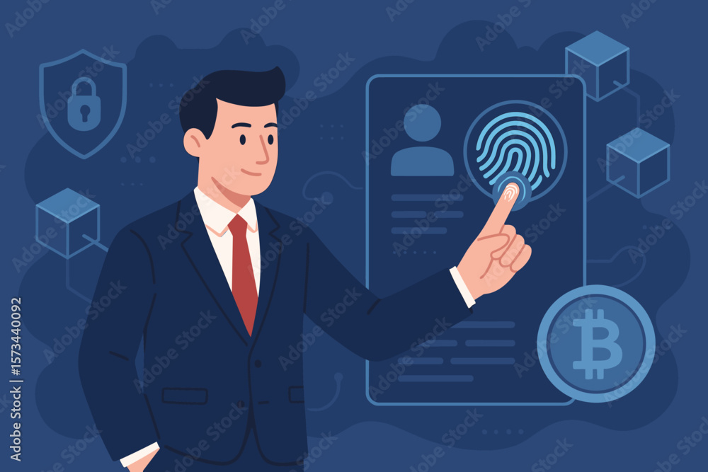 Poster businessman using fingerprint identification to access blockchain data. concept for e-kyc, biometric