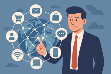 Omnichannel marketing strategy concept. Businessman touching global network connection. Digital integration of communication channels for seamless customer experience and sales.