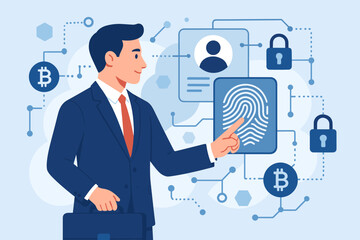 Businessman using fingerprint for secure blockchain data access. E-kyc, biometrics, cryptocurrency and fintech concept for identity and customer verification technology.