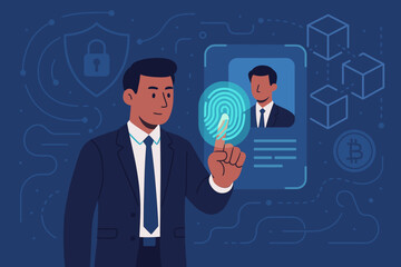 E-KYC, electronic know your customer concept. Businessman using fingerprint identification. Biometric security for personal blockchain data access and cryptocurrency safety.