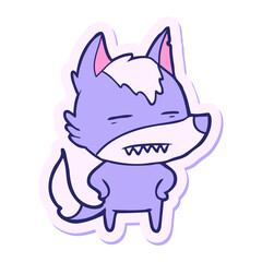 sticker of a cartoon wolf showing teeth in bright neon color