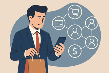 Omni channel concept. Businessman using mobile for online shopping and payment. Customer network connection, m-banking and e-commerce technology. Flat vector illustration.
