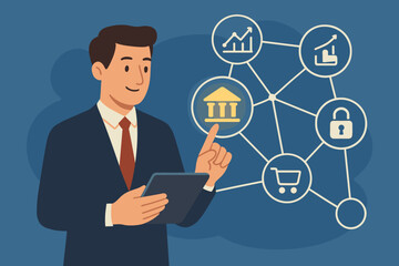 Businessman using tablet interacting with digital banking network, finance data analysis, online shopping, secure payment, financial technology, digital marketing concept