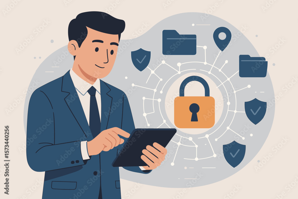 Poster cyber security data protection concept. businessman using digital tablet for secure network connecti