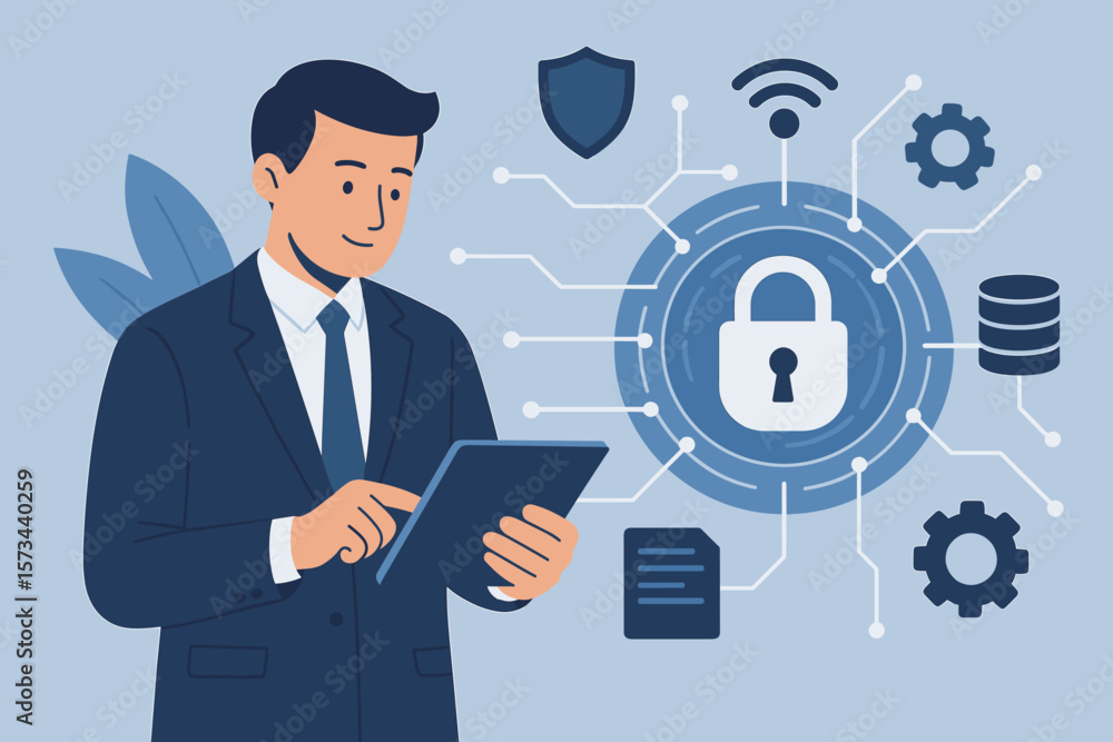 Poster businessman using tablet for cyber security and data protection, network encryption, secure data sto