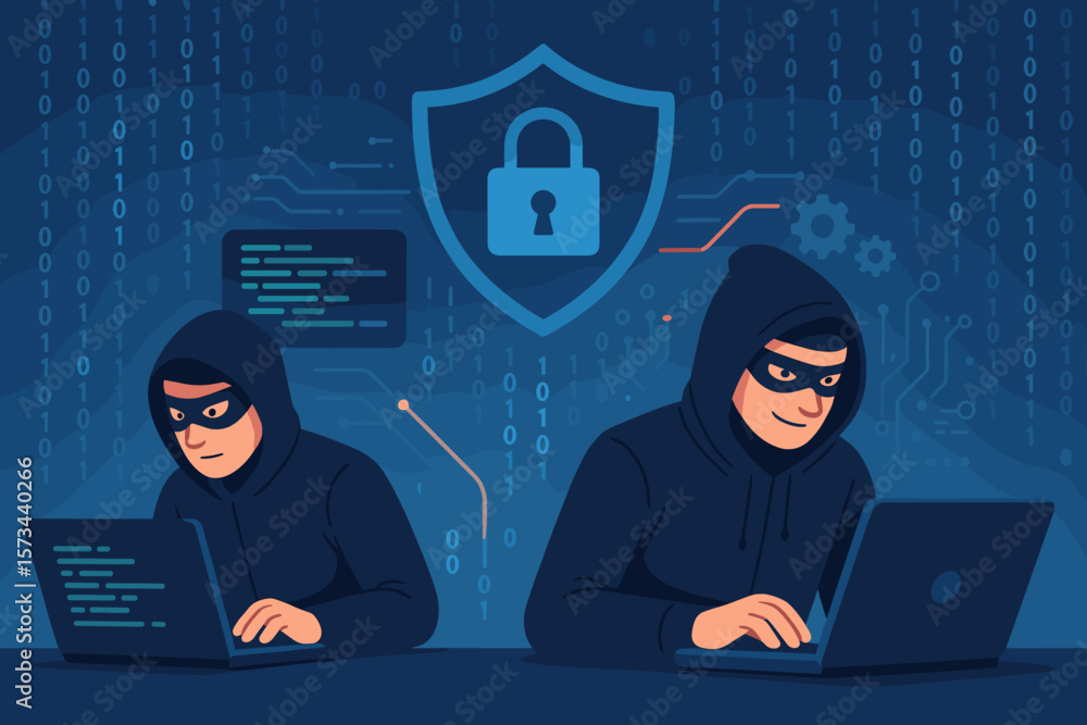 Poster cyber attack teamwork, hackers in hoodies using laptops, binary code background, cybersecurity shiel