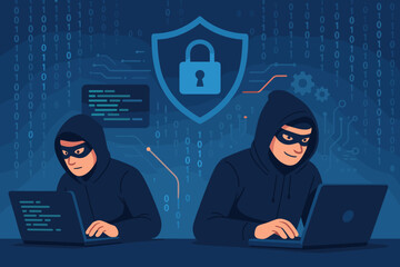 Cyber attack teamwork, hackers in hoodies using laptops, binary code background, cybersecurity shield, internet crime, coding, digital data theft, online security breach