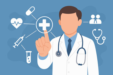 Male Doctor Touching Virtual Medical Interface, Healthcare Technology Network, Modern Flat Vector Illustration, Stethoscope, Medical Icons, Digital Health Concept, Hospital, Diagnosis