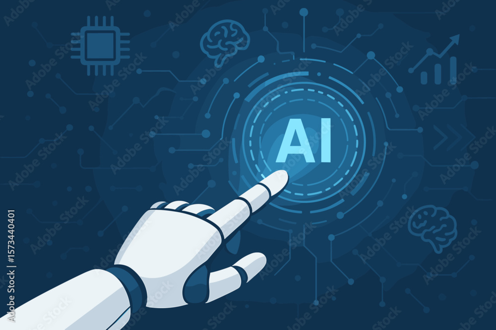 Poster robotic hand interacting with ai interface, artificial intelligence, machine learning, futuristic te