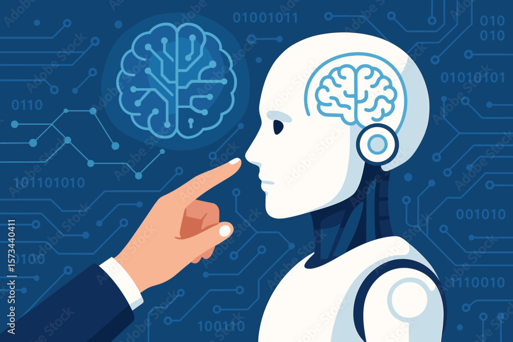 Poster human hand touching ai robot face, digital brain, neural network, binary code, deep learning, artifi
