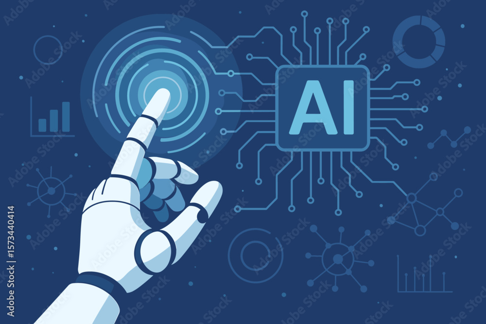 Poster robotic hand touching digital interface, artificial intelligence concept, machine learning, innovati
