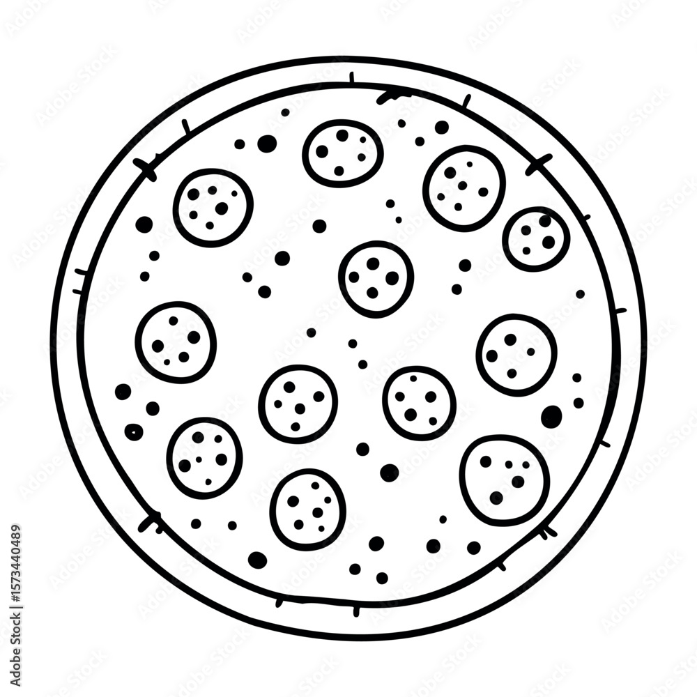 Poster line drawing of pepperoni pizza with multiple toppings in circular shape. vector hand-drawn doodle i