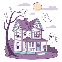 A charmingly spooky illustration of a haunted house with two friendly ghosts floating in the night sky under a crescent moon and fluffy clouds