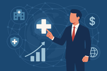 Businessman Touching Healthcare Cross, Medical Business Growth, Hospital Investment, Health Insurance, Financial Analytics, Global Medical Network, Healthcare Management