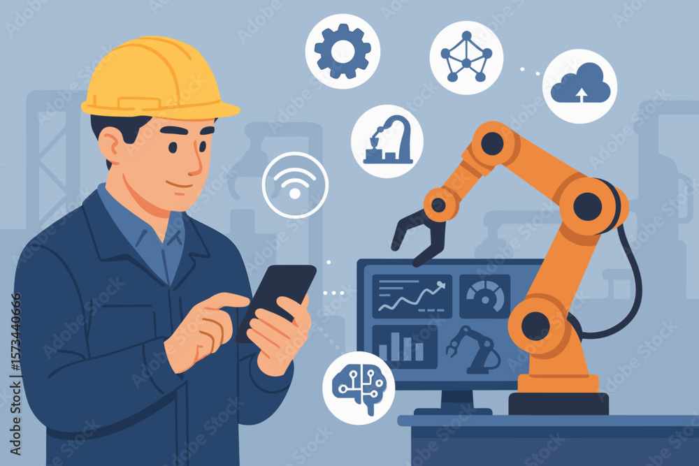 Aufkleber industrial engineer with hard hat using tablet to control automation robot arm, ai monitoring system