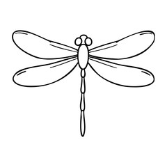 Simple dragonfly line drawing with four wings and segmented body. Vector hand-drawn doodle illustration
