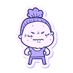 sticker of a cartoon annoyed old lady in bright neon color