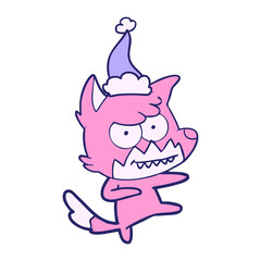 hand drawn line drawing of a grinning fox wearing santa hat in bright neon color