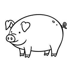 Obraz premium Cute cartoon pig illustration with smiling face and curly tail. Vector hand-drawn doodle illustration