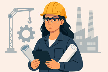 Female Industrial Engineer in Hard Hat with Blueprints and Clipboard, Modern Factory Background, Construction Site, Engineering Concept, Cartoon Vector Illustration