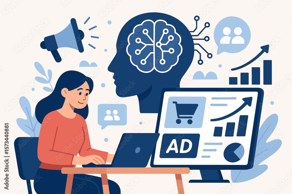 Poster artificial intelligence deep learning in digital marketing analytics. brain circuit, data visualizat