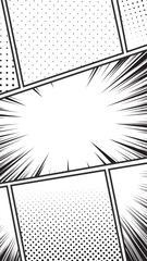 Comic book panel background vertical, blank storyboard manga cartoon panels, comic template with sunburst and halftone effect