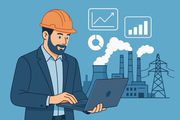 Industrial Engineer in Suit and Hard Hat Using Laptop for Data Analysis at Power Plant with Graphs, Charts, Factory, Smoke Stacks, Electricity Pylon, Modern Flat Vector Illustration