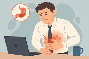 Businessman Experiencing Stomach Pain at Work, Stress-Induced Gastric Discomfort, Office Digestive Health, Stomachache, Gastrointestinal Disease, Workplace Stress, Healthcare Concept