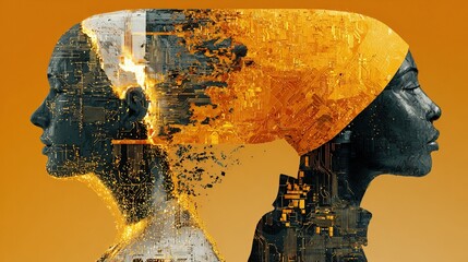 A digital abstract portrayal of two female profiles merging, one with circuit board elements and golden details.