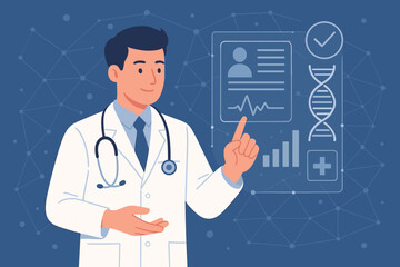 Medical doctor with stethoscope interacting with virtual hologram interface, electronic health record, DNA analysis, digital healthcare, medical technology, innovation, data network