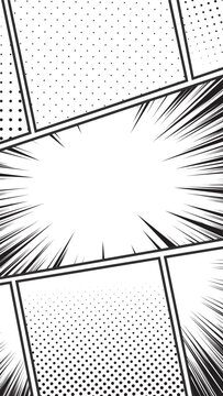 Comic book panel background vertical, blank storyboard manga cartoon panels, comic template with sunburst and halftone effect
