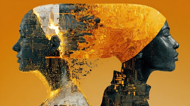 A digital abstract portrayal of two female profiles merging, one with circuit board elements and golden details.