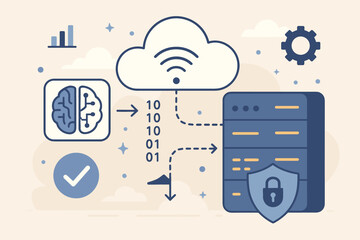 Cloud Data Exchange Technology, Secure Data Transfer, Artificial Intelligence Network, Internet Server, Online Storage, Cyber Security, Modern Flat Vector Illustration