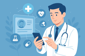 Medical Doctor Using Smartphone for Digital Health Records, Telemedicine, Online Prescription, Healthcare Technology, Modern Medicine, Stethoscope, Laboratory, Patient Data, Blue Background