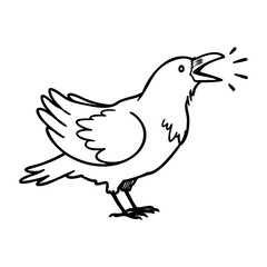 Obraz premium Outline of a crow squawking with open beak illustration. Vector hand-drawn doodle illustration
