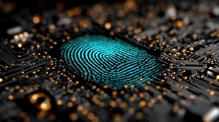 Close-up of a glowing blue fingerprint on a circuit board, symbolizing digital security and access control