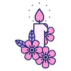 iconic tattoo style image of a candle and flowers in bright neon color