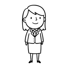 Obraz premium Cartoon female character in business attire with smiling expression. Vector hand-drawn doodle illustration
