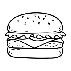 Simple line art of a classic hamburger with cheese and lettuce. Vector hand-drawn doodle illustration