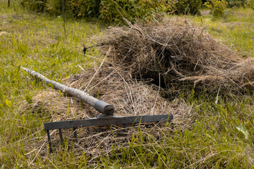 An old village rake lies in a haystack in the yard