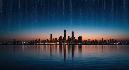 Digital Rain over Cityscape at Sunset: Modern Metropolis, Techno