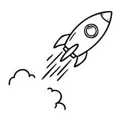 Simple line art of rocket launch with smoke trails. Vector hand-drawn doodle illustration