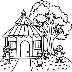 Rural hut with tree and other element kids coloring page
