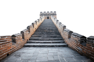 Perspective view of the Great Wall of China stairway leading to a guard tower, isolated on a transparent background.